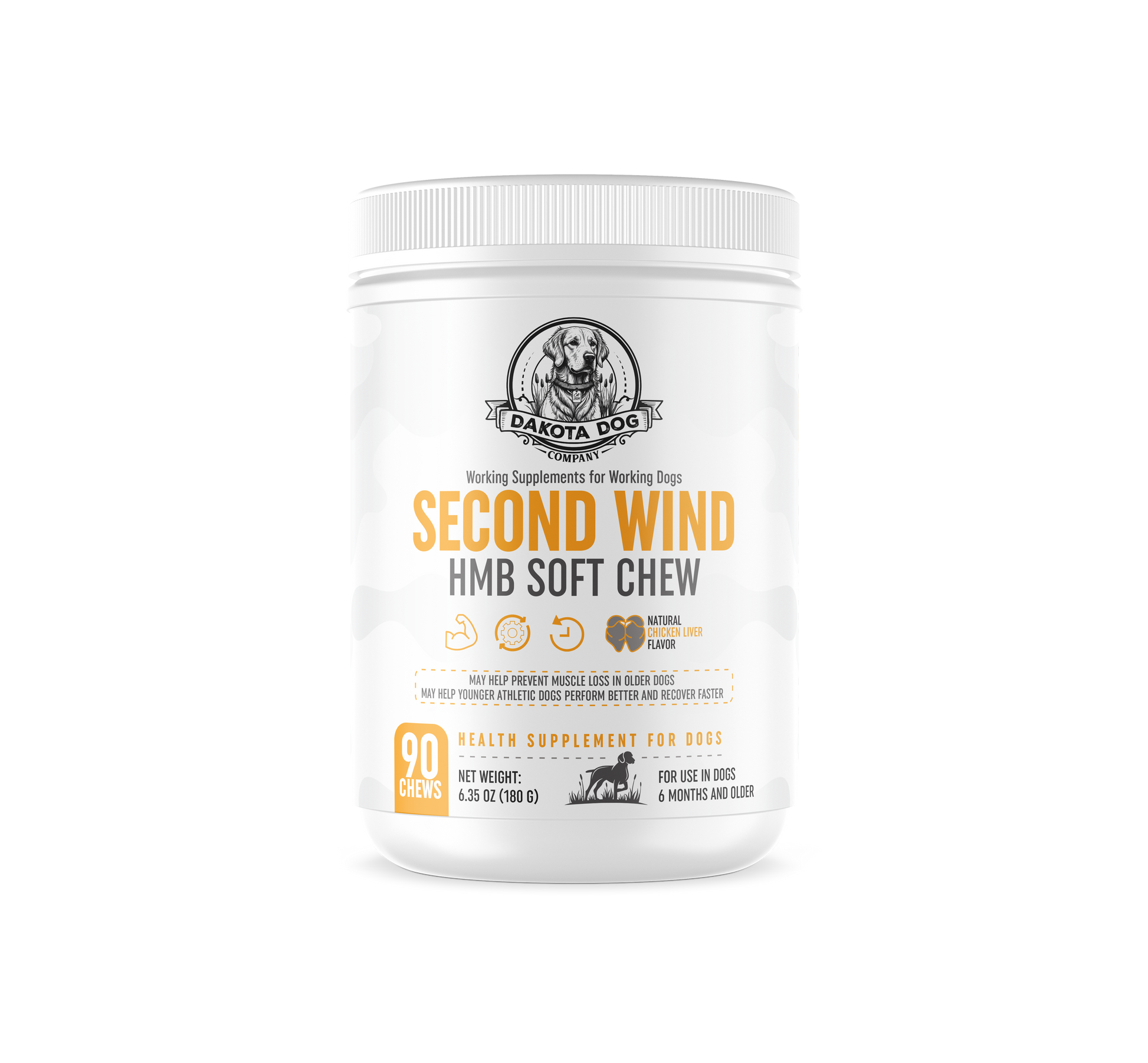 Front of bottle,  'Second Wind' HMB soft chews for dogs, labeled as a muscle supplement for active dogs and senior dogs.