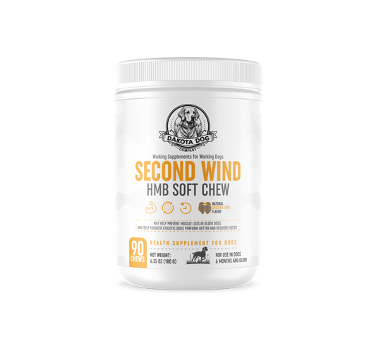 Front of bottle,  'Second Wind' HMB soft chews for dogs, labeled as a muscle supplement for active dogs and senior dogs.