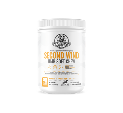 Front of bottle,  'Second Wind' HMB soft chews for dogs, labeled as a muscle supplement for active dogs and senior dogs.