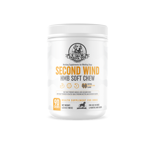 Front of bottle,  'Second Wind' HMB soft chews for dogs, labeled as a muscle supplement for active dogs and senior dogs.